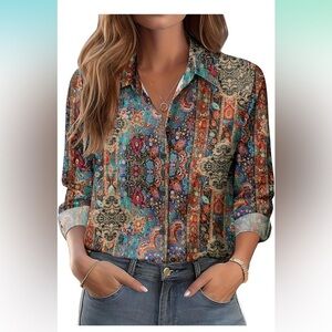 Button Down Women's Shirt Dressy Casual Blouses Long Sleeve Print Tops Spring L